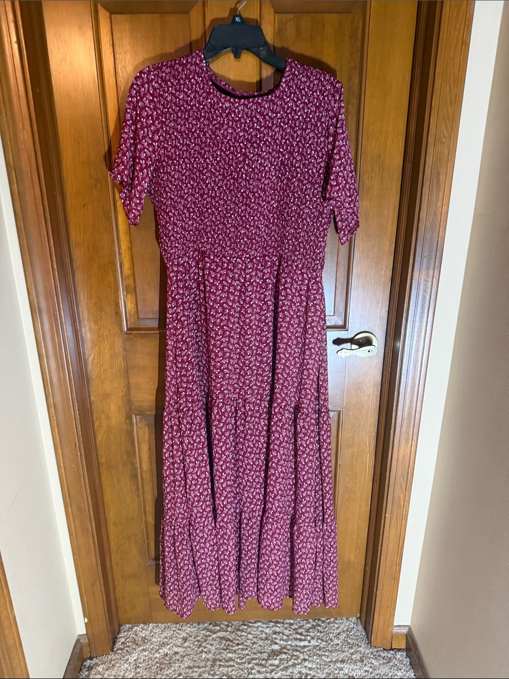 Floral Burgundy Tiered Maxi Dress with Short Sleeves